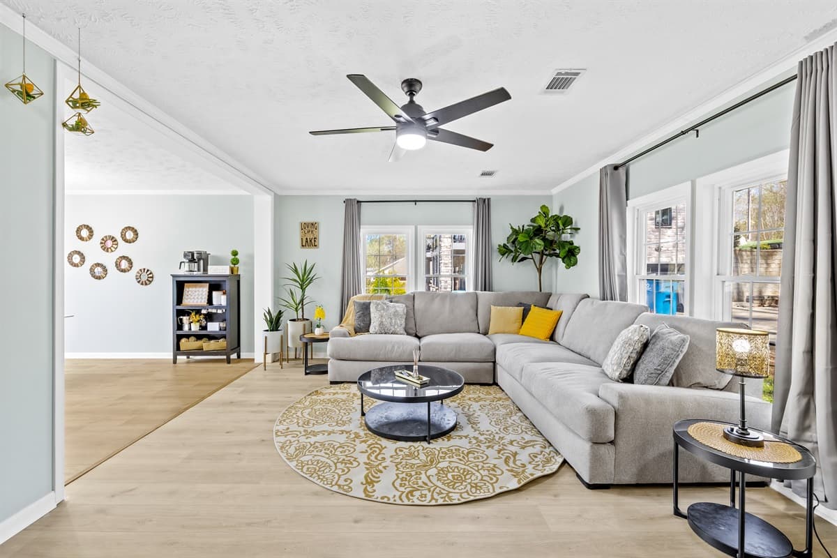 The living room is a comfortable space to unwind after exploring Lake Norman.