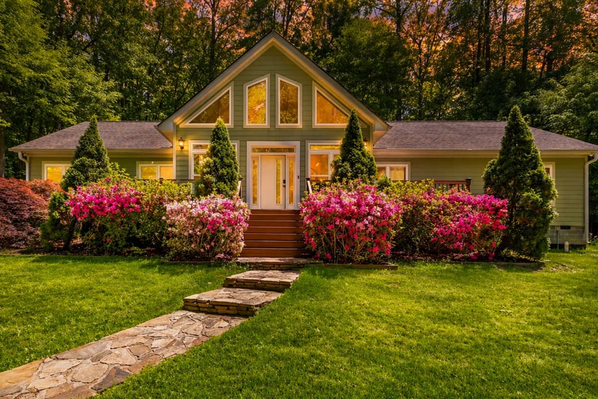 Warm exterior lighting and a stone path through azalea bushes welcome you home as evening falls.