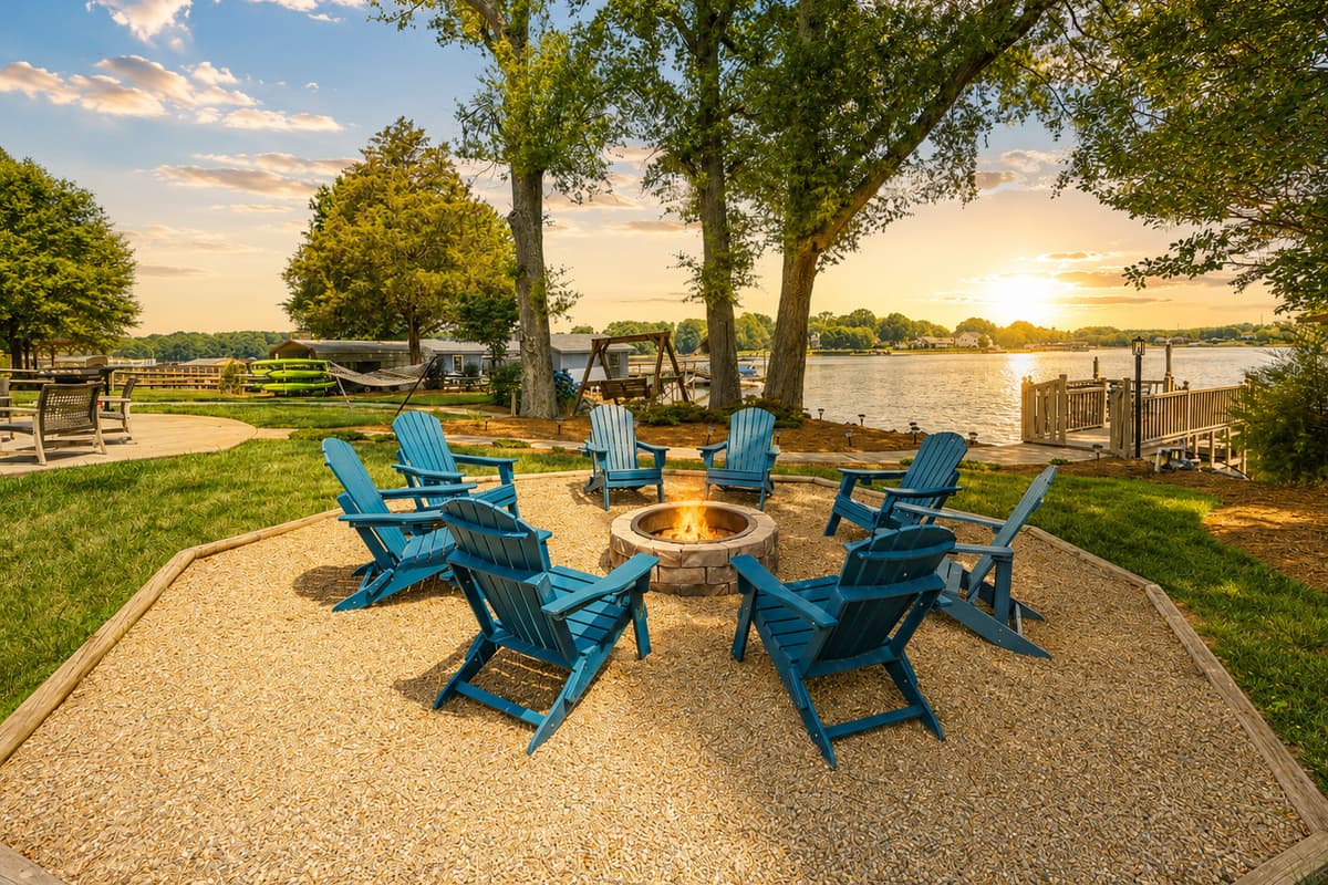 Circle up around the fire pit as the sun sets over the lake in cozy Adirondack chairs.