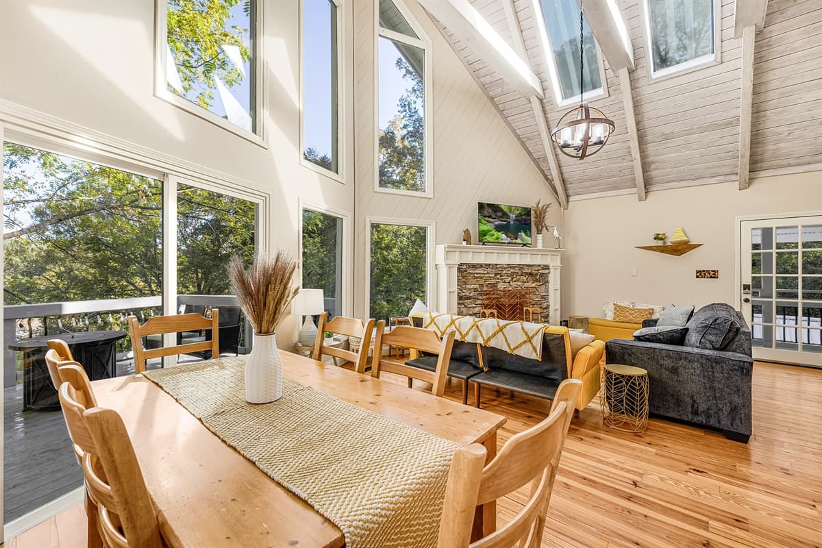 Large floor to ceiling windows overlooking Lake Norman.