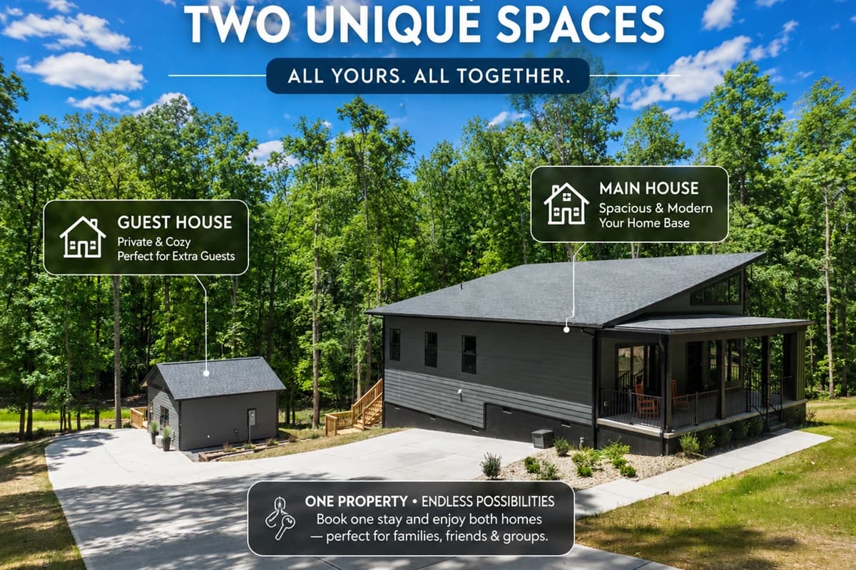 Two unique spaces, one incredible stay — a spacious main house plus a private guest house, both included in your reservation.