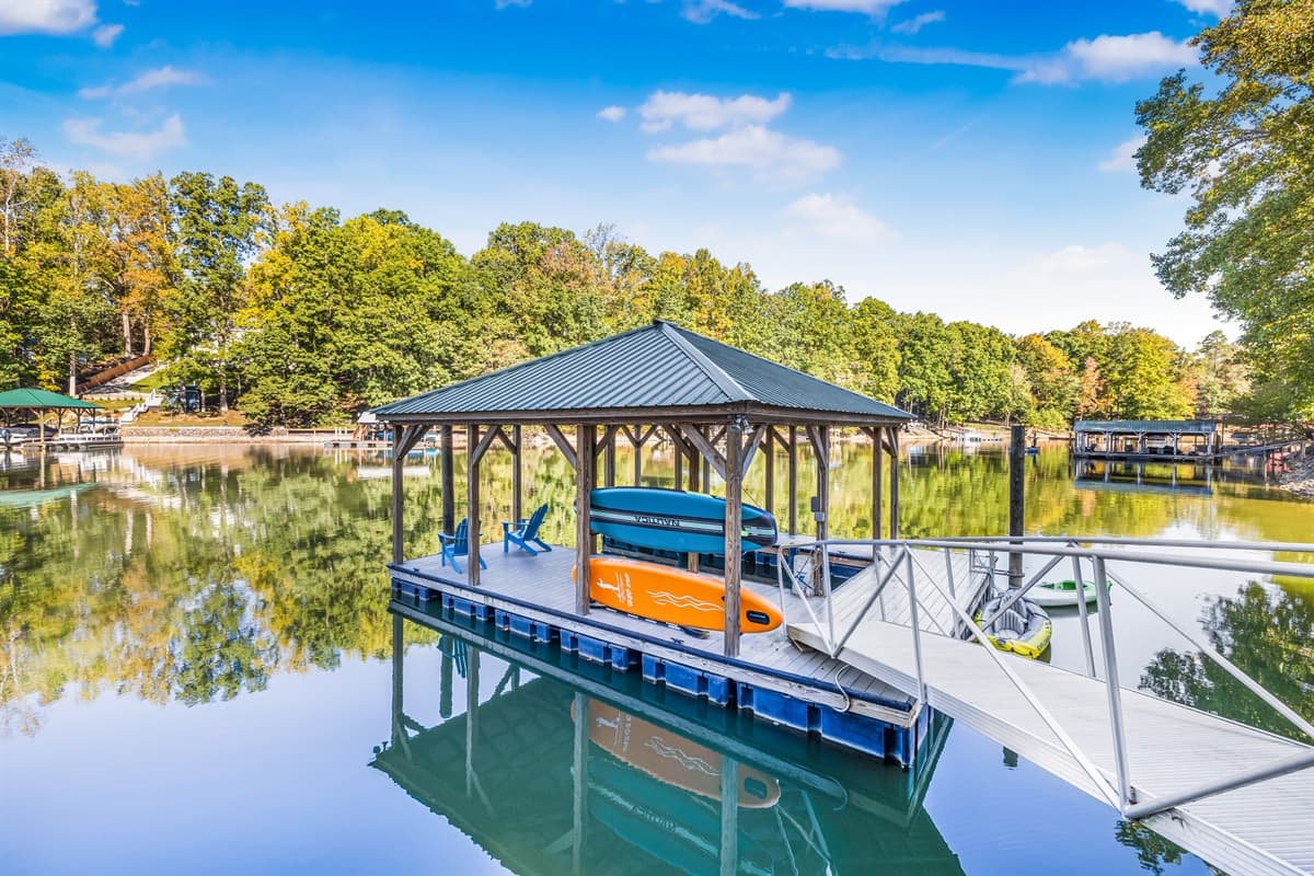 Large dock with multiple platforms for lounging. Deep water swimming.