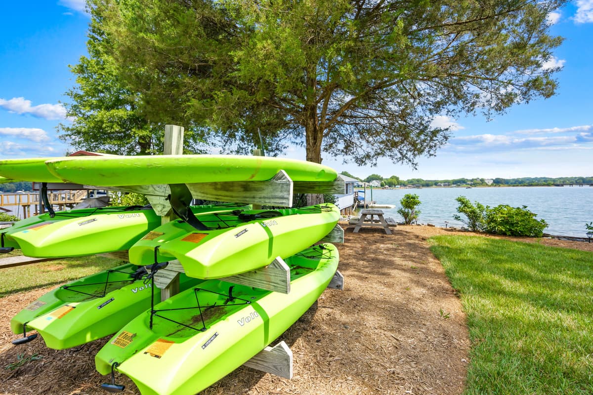 Grab a kayak and paddle out — they're ready and waiting on the lawn.